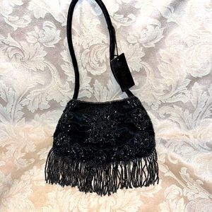 Savanna Black Beaded Satin Handbag NWT